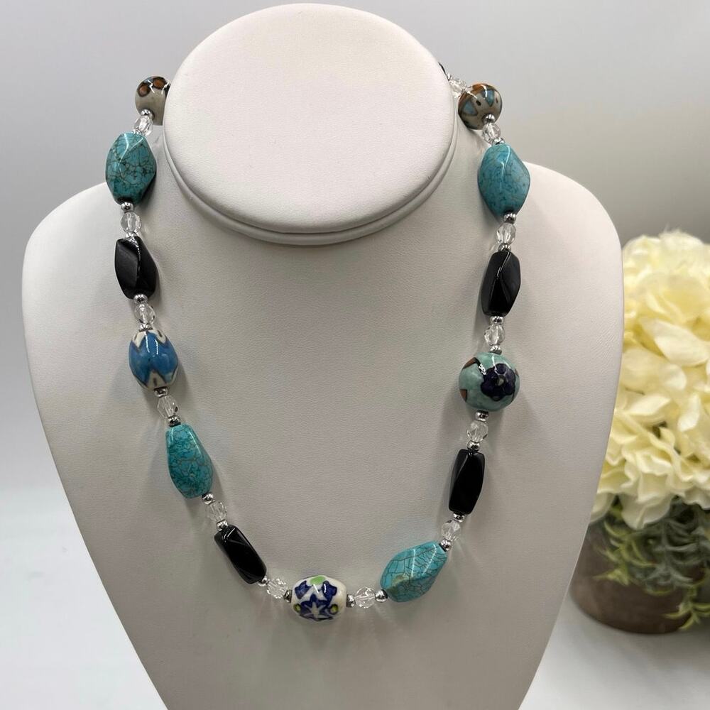 Turquoise,‎ Black Onyx, Faceted Glass and Ceramic Beaded One Strand Necklace